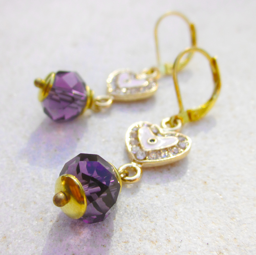 Earrings With Rhinestone Heart Evil Eye Charms And Purple Crystals